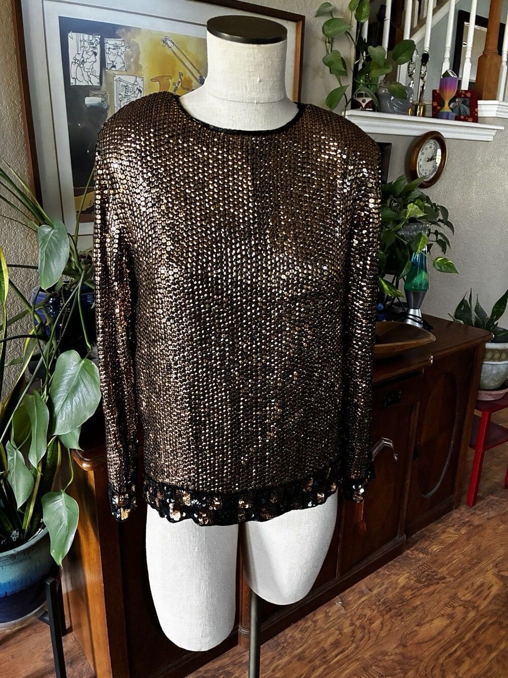 Vintage Rina Z Gold Sequin Beaded Silk Pull Over Blouse New- Medium